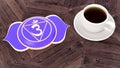 ÃÂ¡up of coffee on a wooden table. Morning Chakra Meditation. Ajna symbol 3d illustration